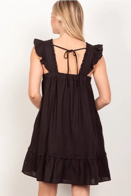 Black Mini Ruffled Linen Backless Dress