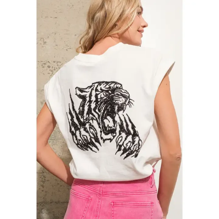 Tiger Sequin Tee W Cut Off Sleeves