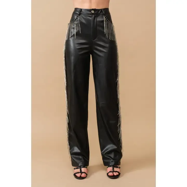 Black Faux Leather W Rhinestone Detail
