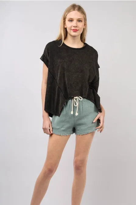 Blue Frayed Hem Tie Shorts