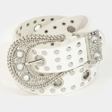 White Rhinetsone Buckle Studded Belt