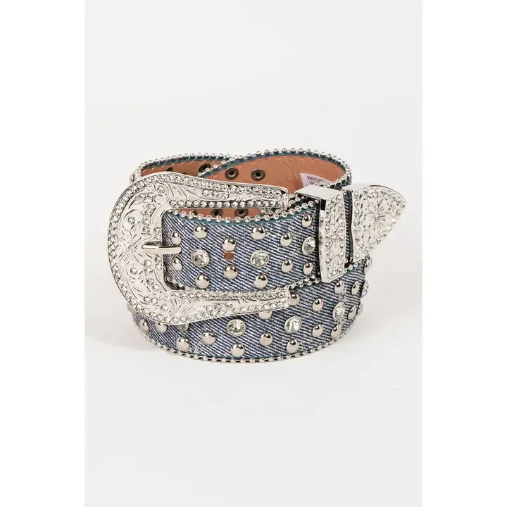 Denim Rhinestone Studded Buckle Belt