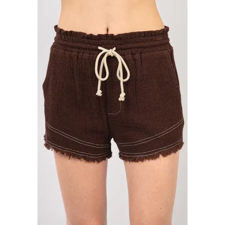 Chocolate Frayed Hem Tie Shorts