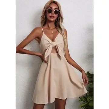 Beige V Neck Front Bow Dress