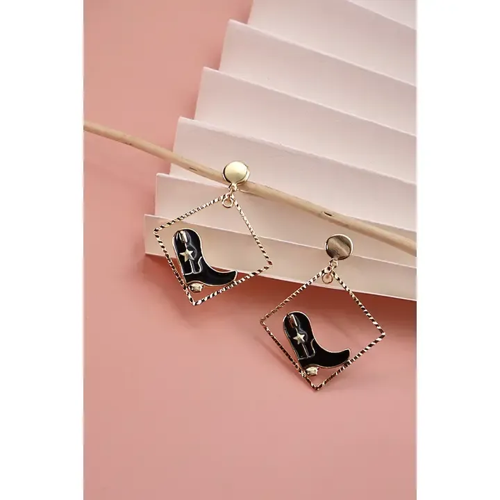 Gold Cowgirl Square Hoops With Boots