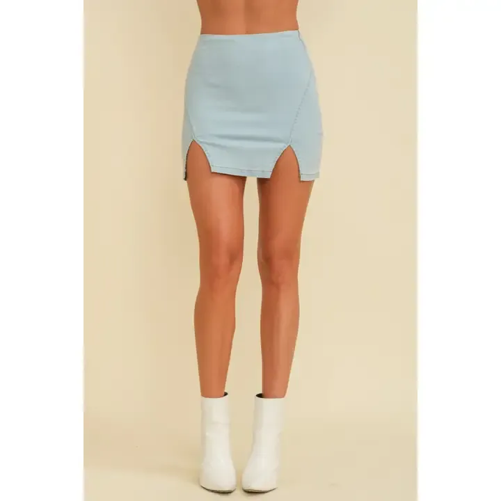 High Waisted Double Slit Denim Mini Skirt