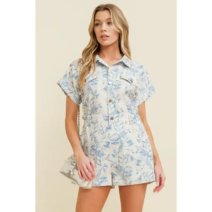 Cream/ Blue Floral Button Up Romper