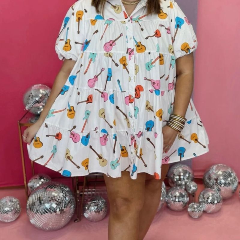 White Multi Guitar Print Dress
