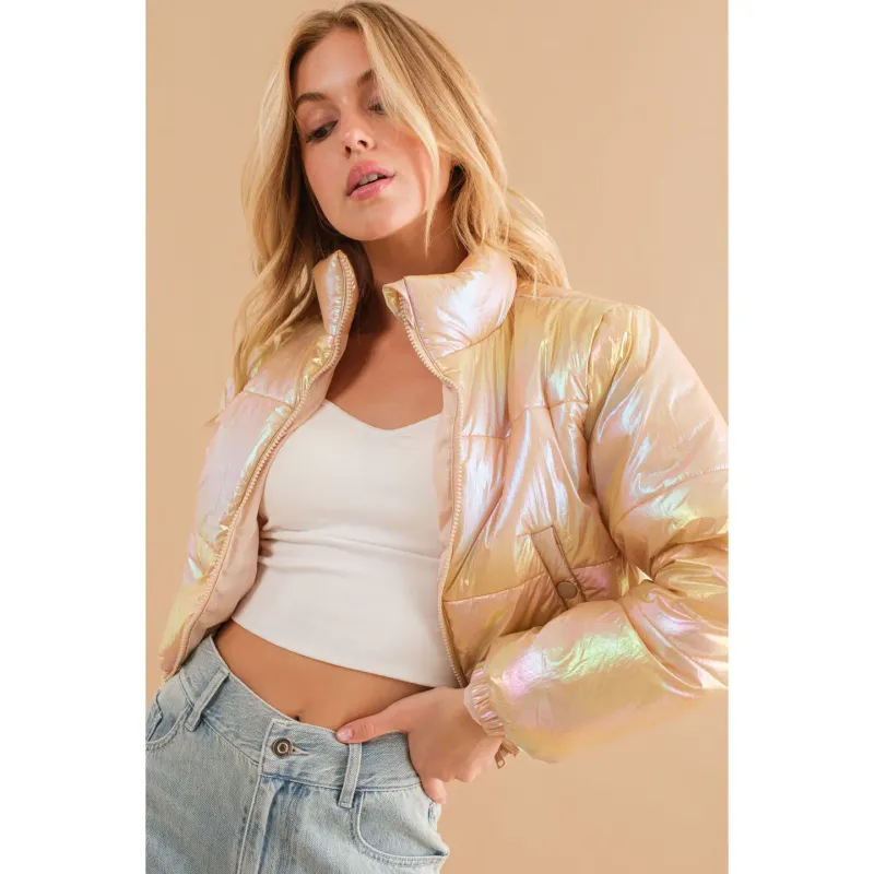 Metallic Windbreaker Puffer Crop Zip Up Jacket
