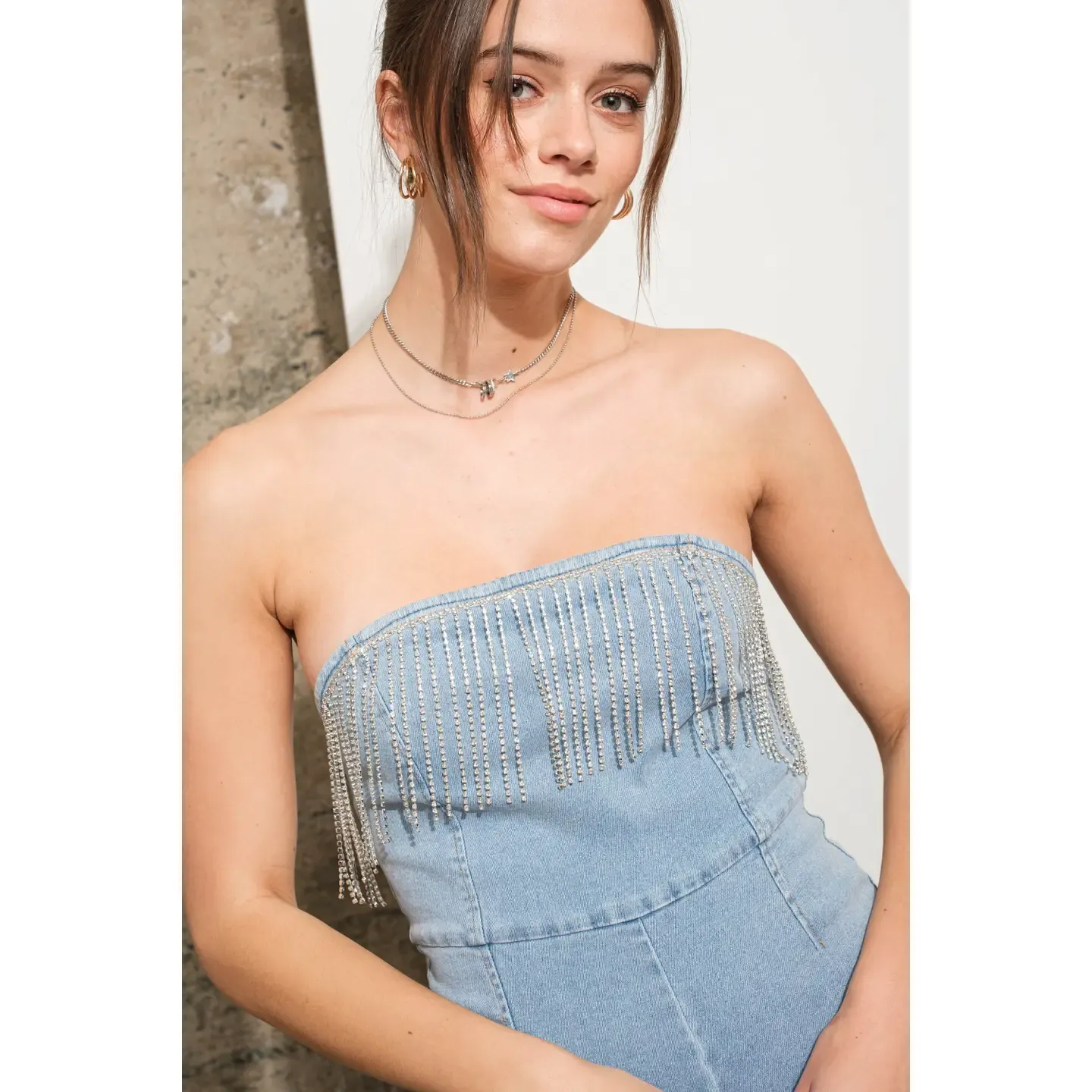Denim Strapless Jumpsuit W Rhinetsone Detail