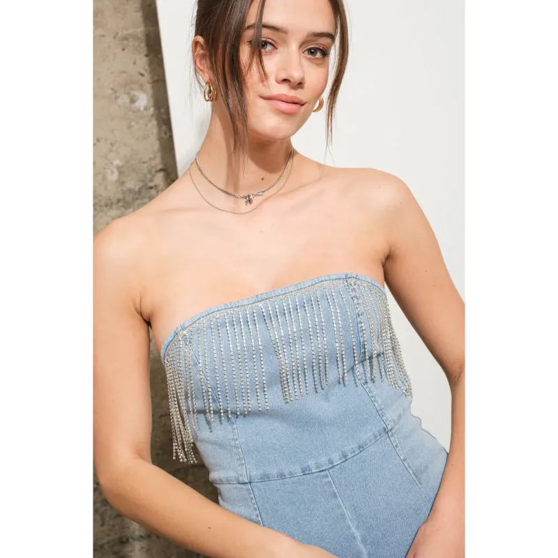 Denim Strapless Jumpsuit W Rhinetsone Detail