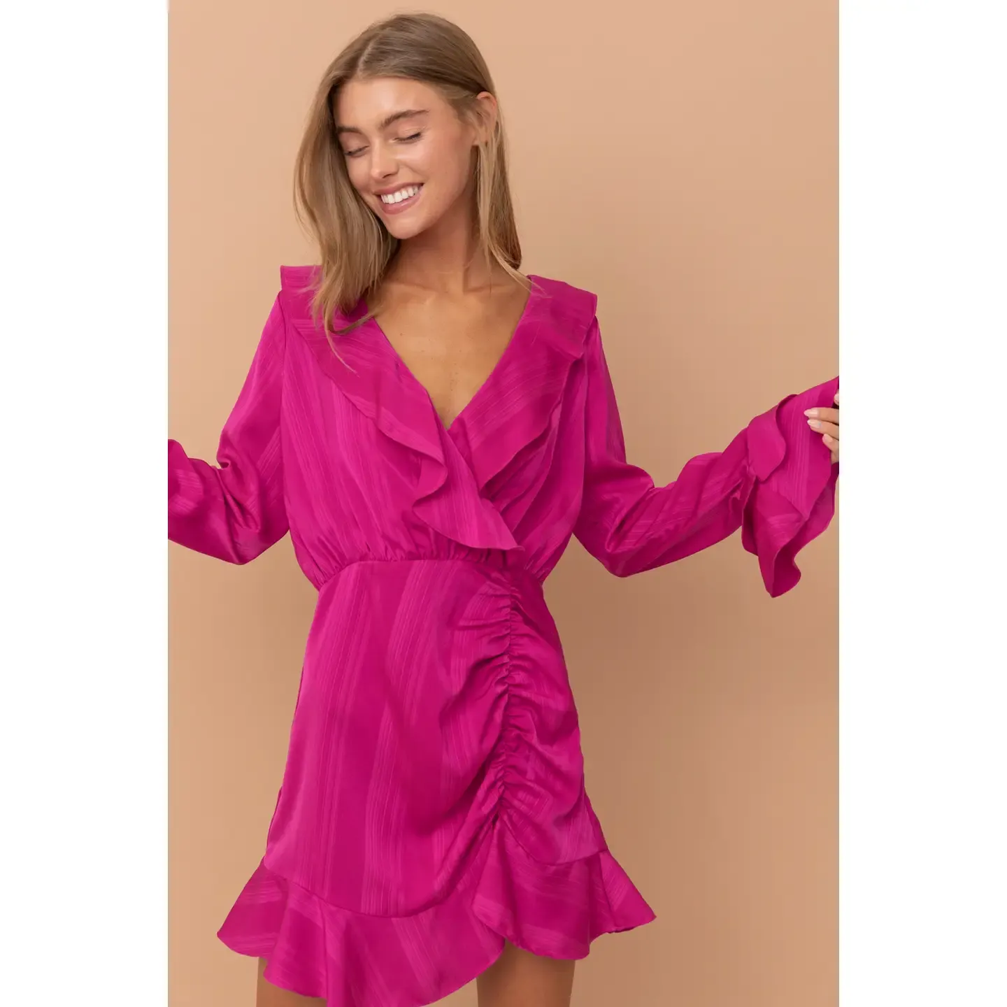 Fuchsia Balloon Cuff Long Sleeve Dress