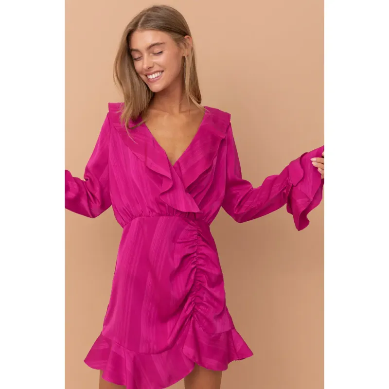 Fuchsia Balloon Cuff Long Sleeve Dress