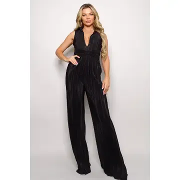 Black Sleeveless Collared Micro Pleated Jumpsuit