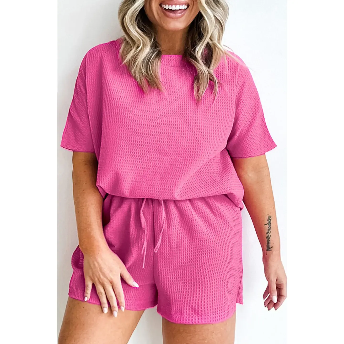 Pink Waffle Two Piece Set Plus Size