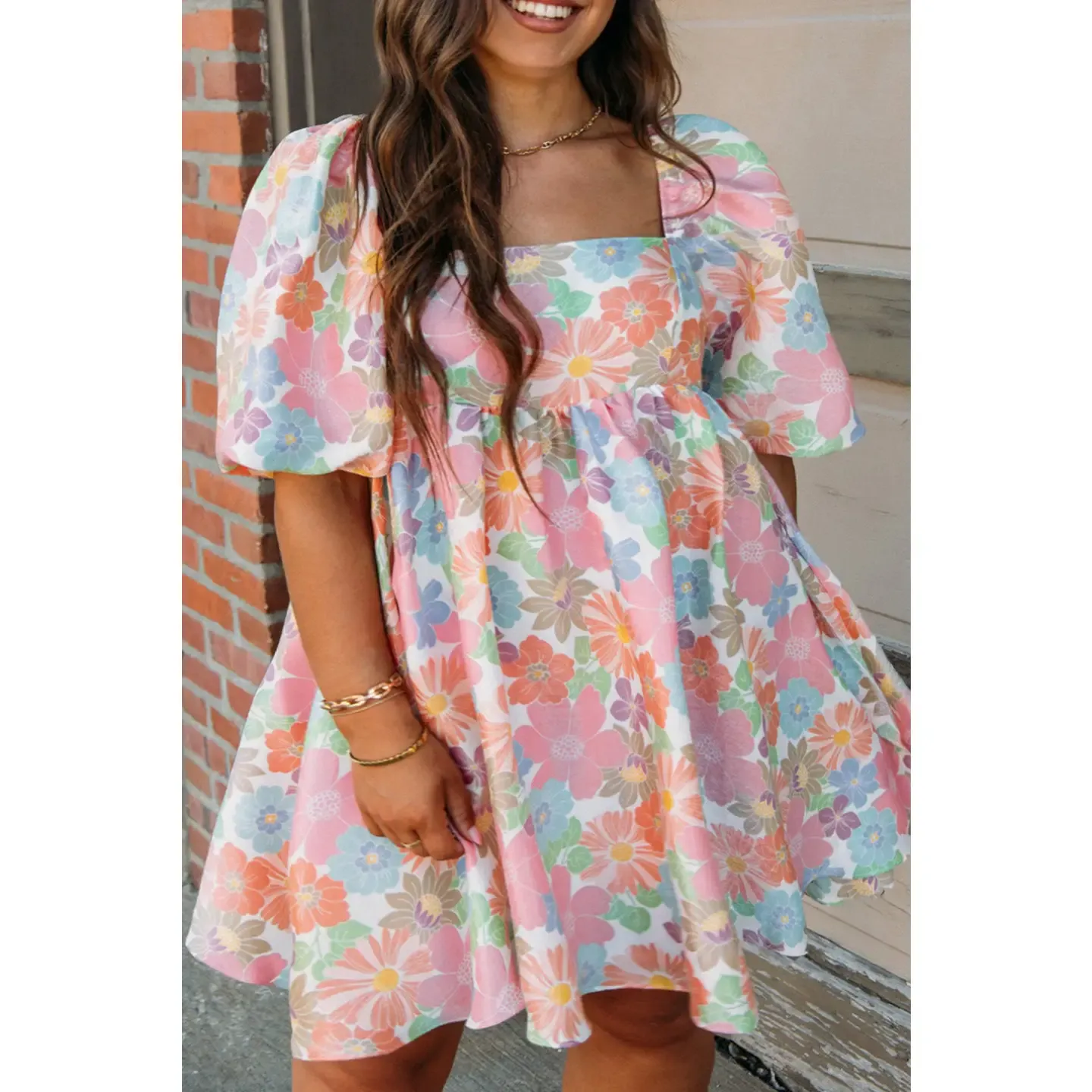 Floral Puff Sleeve Babydoll Dress Plus Size