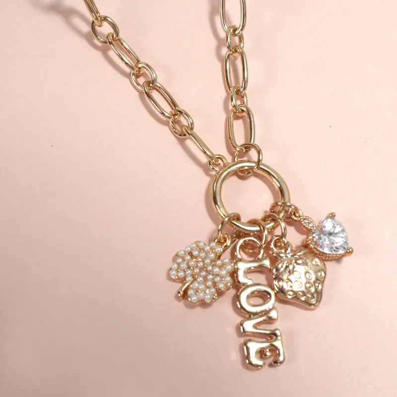 Gold Charm Love &amp; Strawberry Necklace