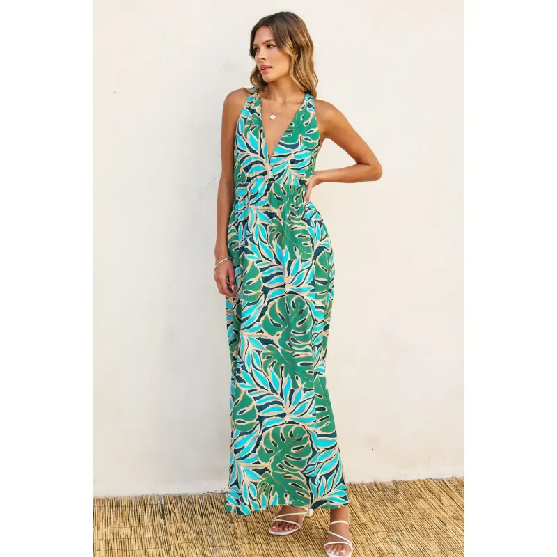 Blue/ Green Maxi Palm Leaf Print Dress