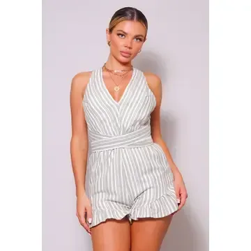 Sage Sleeveless V Neck Back Tie Stripe Romper