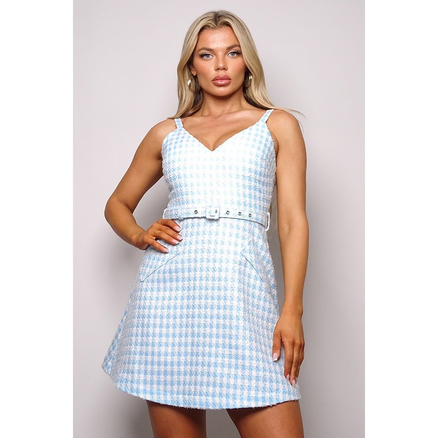 Sky Blue Tweed Sleevless Belted Dress