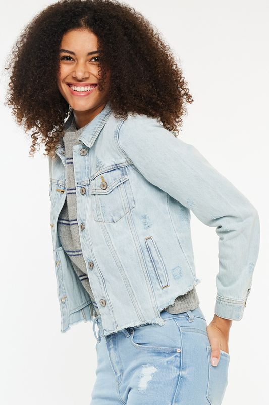 Kancan Distressed Light Denim Raw Hem Jacket