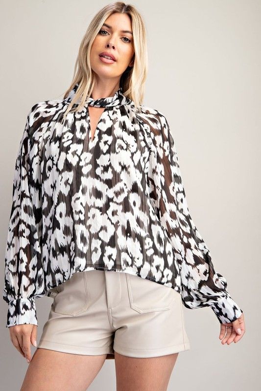 Black Leopard Knotted Collar Long Sleeve Top