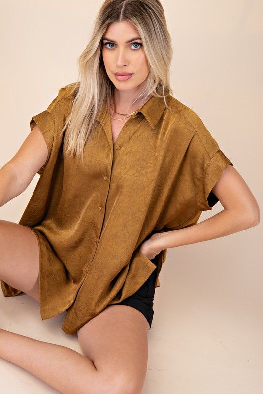 Camel Textured Short Sleeve Button Down Shirt