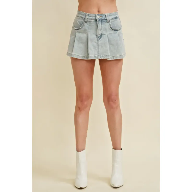 Pleated Denim Mini Skort