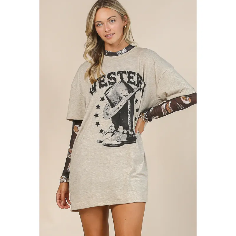 Camel/ Black Western Boots Tshirt Dress
