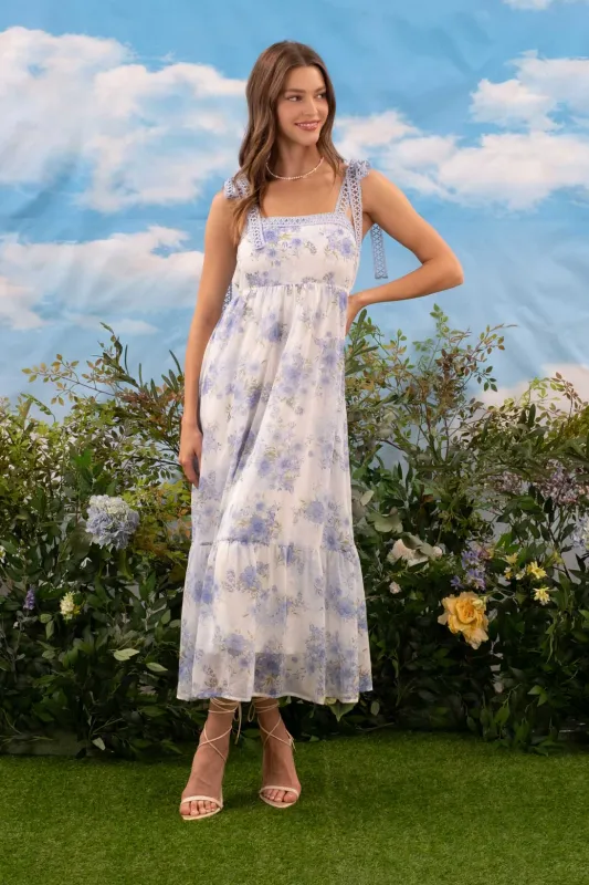 Blue Floral Crochet Lace Strap Maxi Dress