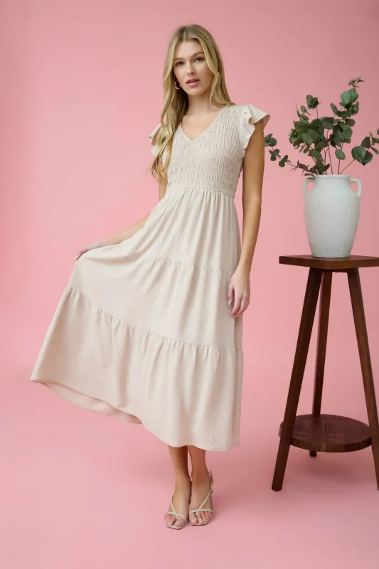 Khaki Flutter Sleeve Maxi Dress