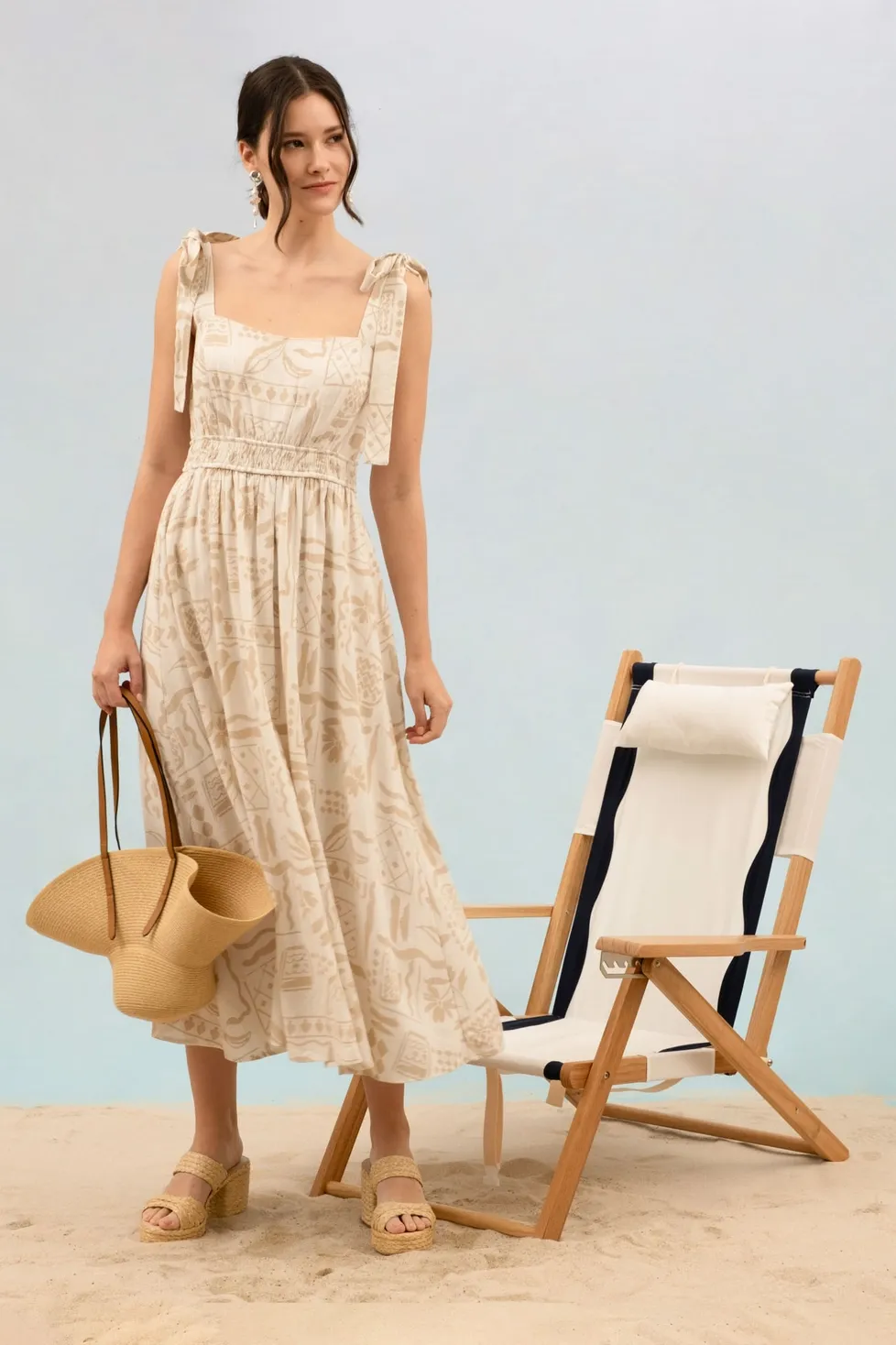 Ivory Boho Floral Print Tie Strap Midi Dress