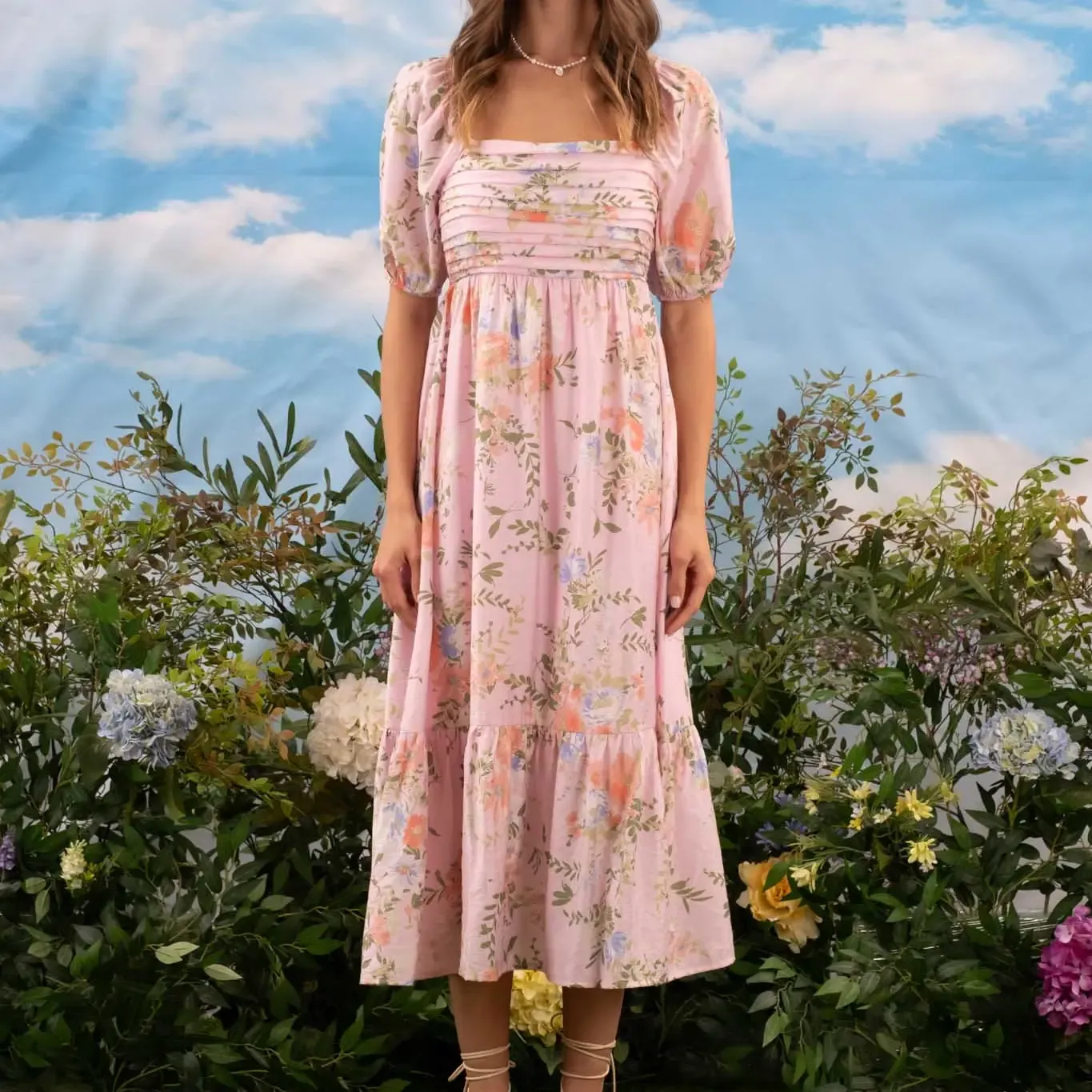 Pink Multi Floral Pleated Balloon Sleeve Midi Dress