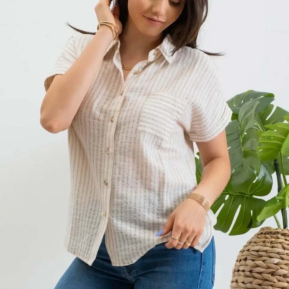 Khaki Stripe Collared Short Sleeve Linen Button Up