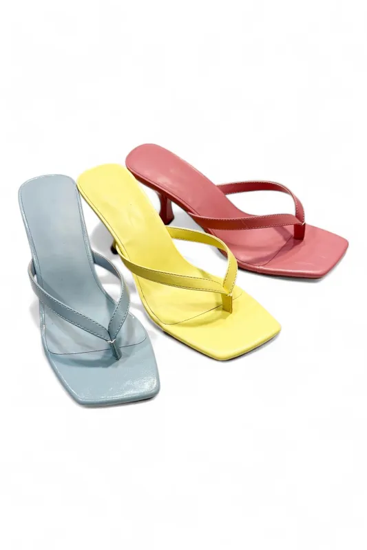 Yellow Square Toe Thong Strap Kitten Heel