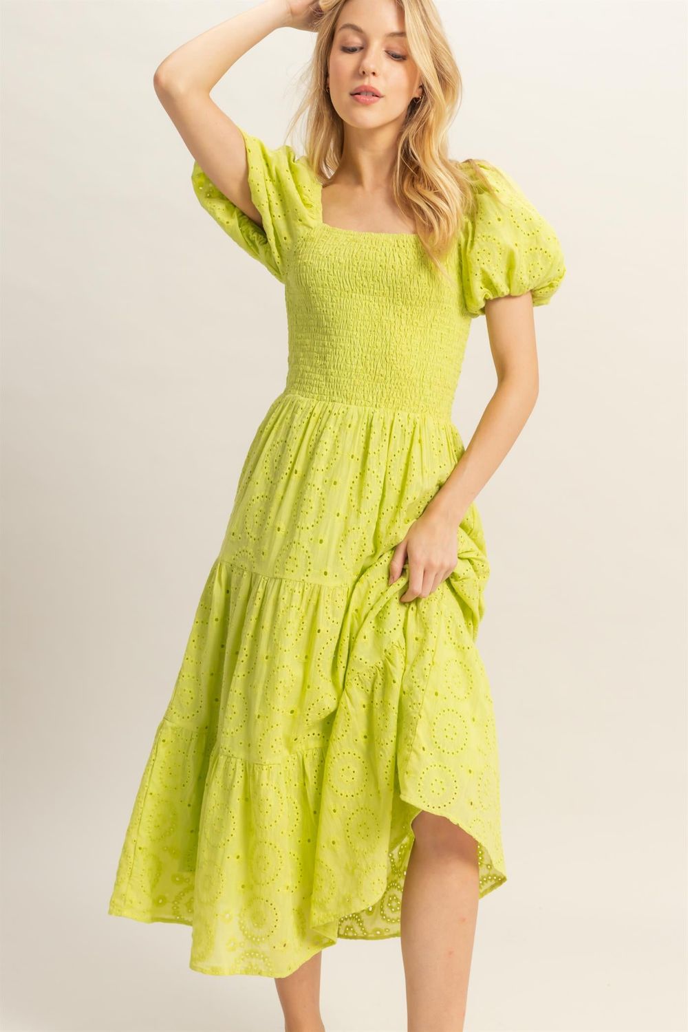 Lime Green Puff Sleeve Flare Dress