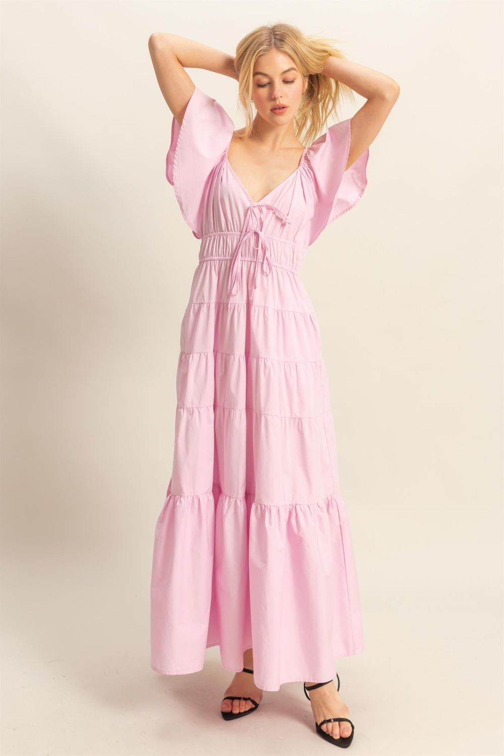 Lavender Flutter Sleeve Tiered Maxi Dress