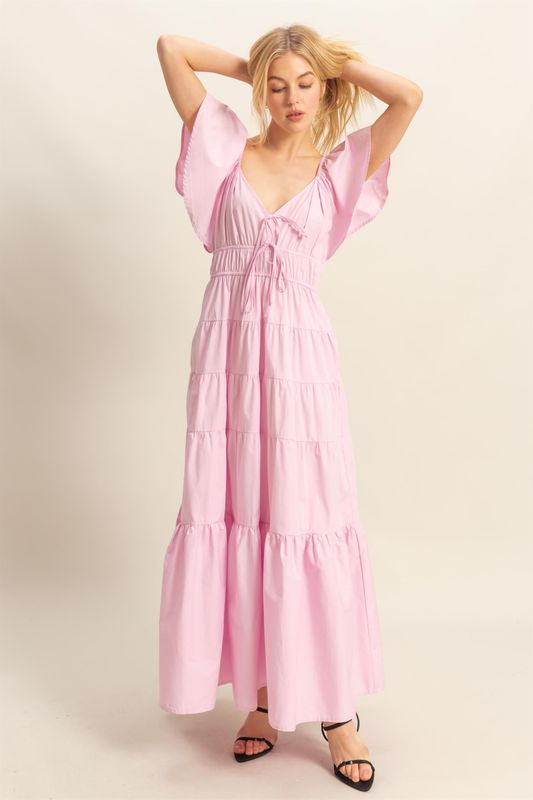 Lavender Flutter Sleeve Tiered Maxi Dress