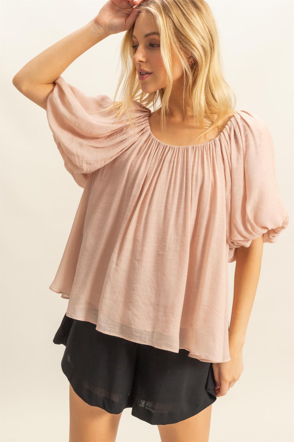 Almond Puff Sleeve A Line Flowy Top