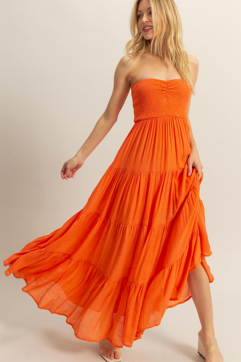 Orange Strapless Ruched Tiered Maxi Dress