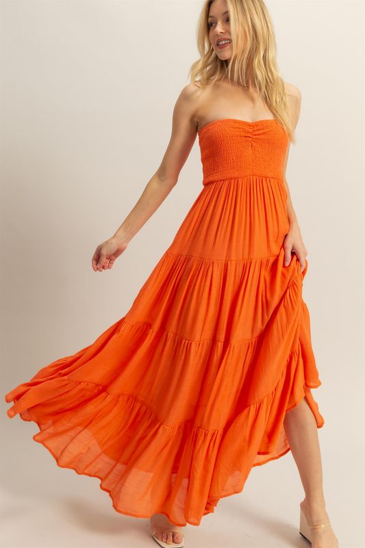 Orange Strapless Ruched Tiered Maxi Dress