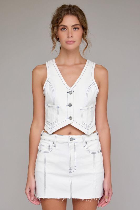 White Wash Cropped Fitted Vest