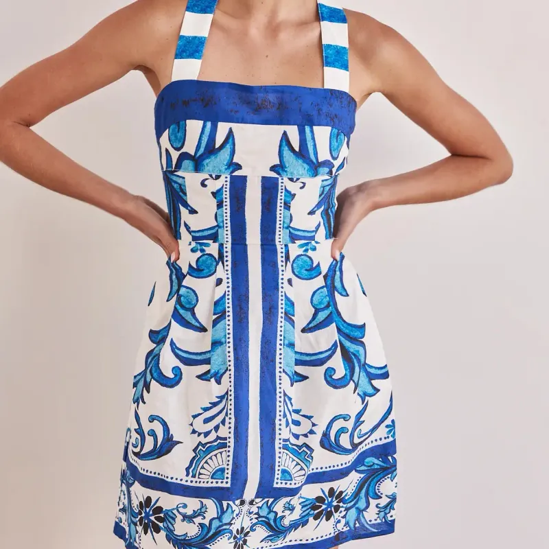 Blue Floral Printed Pocket Mini Dress