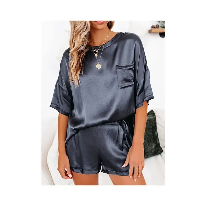 Navy Blue Satin Pajama Set