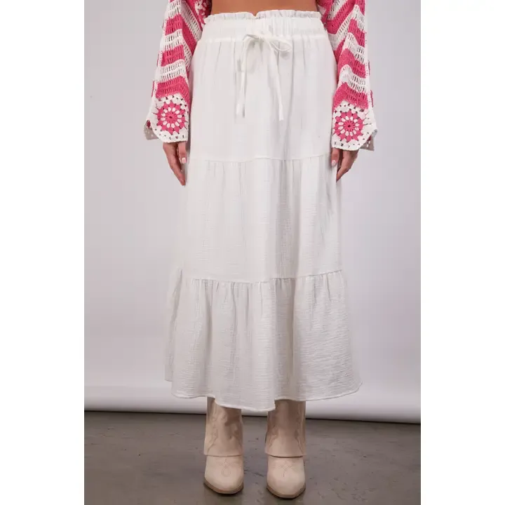 White Elastic Waist Tiered Maxi Skirt