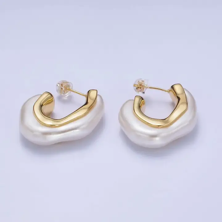 Gold And Pearl Geometric Hoops