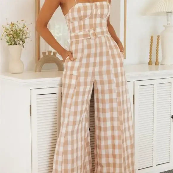 Khaki Plaid Belted Jumpsuit
