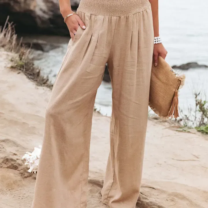 Khaki Linen Wide Leg Pants
