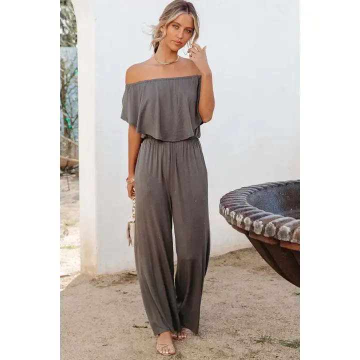 Grey Off The Shoulder Wide Leg Jumpsuit
