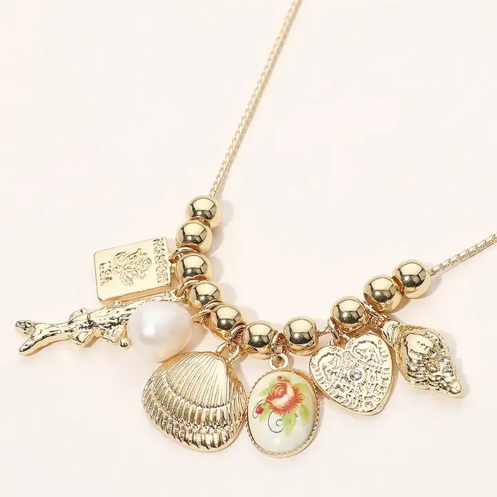 Gold Fish &amp; Seashell Charms Necklace